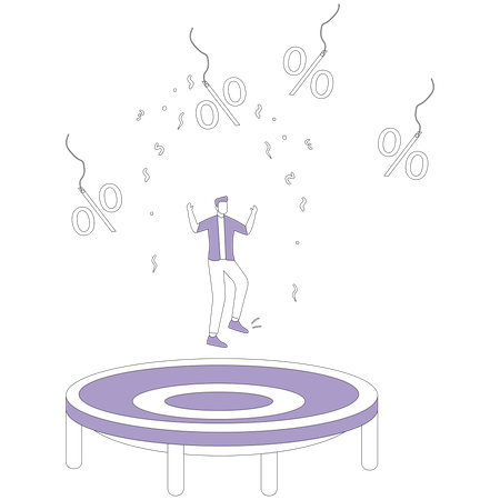 Man on trampoline trying to catch discount price tag  Illustration