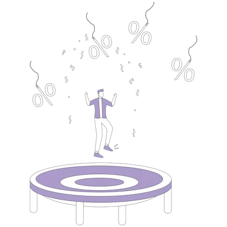 Man on trampoline trying to catch discount price tag  Illustration