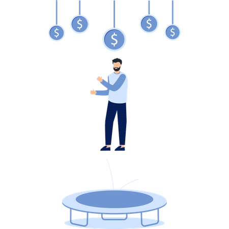 Man on Trampoline with Dollar Signs  Illustration