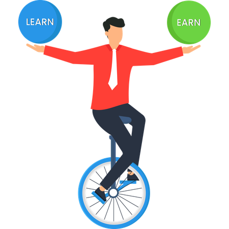 Man on Unicycle with Learn and Earn  Business and Finance  Illustration