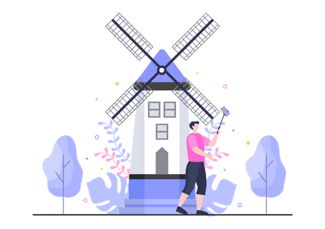 Man on vacation taking selfie  Illustration