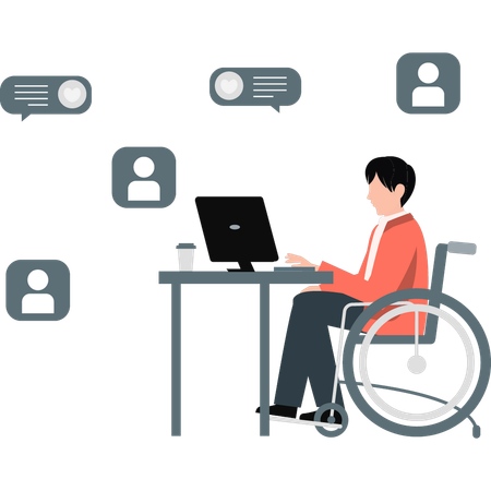 Man on wheelchair working on laptop for social media  Illustration