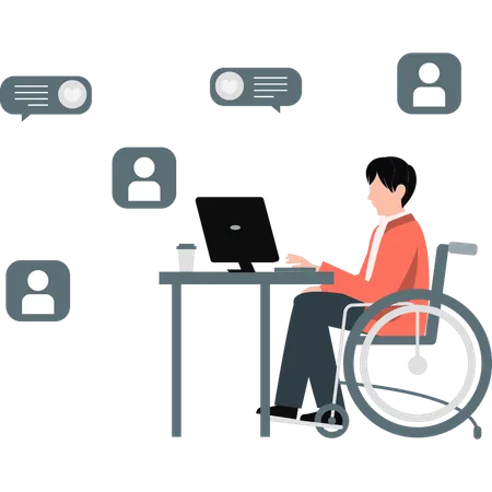 Man on wheelchair working on laptop for social media  Illustration