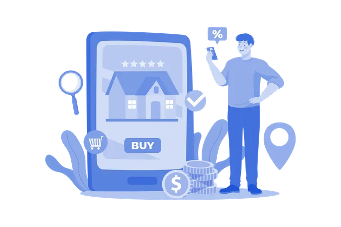 Man Search Property With Mobile Online Illustration