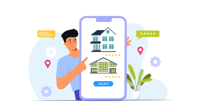 Man Online selecting home using app  Illustration