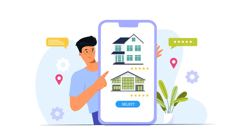 Man Online selecting home using app  Illustration