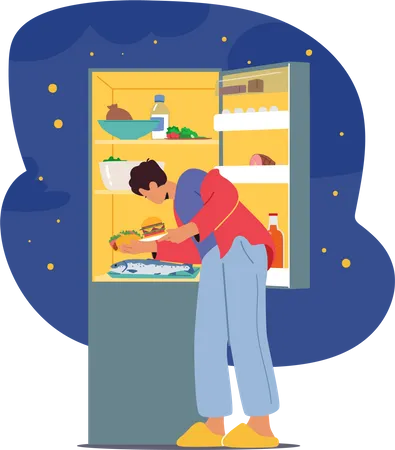 Man Open Fridge In Search Of Midnight Treat  Illustration