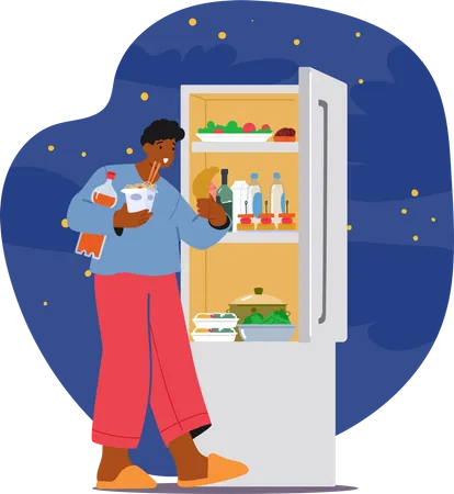 Late Night Snacking Concept Male Character Opens The Fridge Seeking Sustenance In The Darkness Searching For A Satisfying Treat To Indulge In Before Sleep Beckon Cartoon People Vector Illustration Illustration