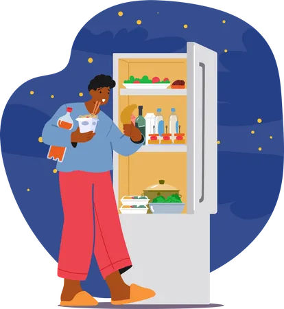 Man Open Fridge Seeking Sustenance In Darkness  Illustration