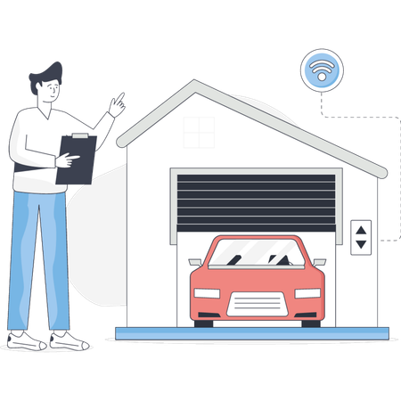 Man Open Garage Door Through Remote  Illustration