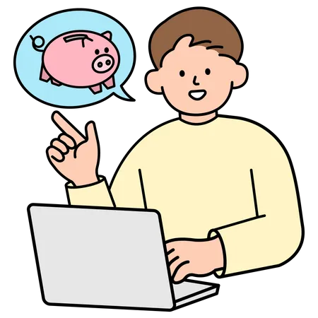 Man Opening Computer and Discussing Piggy Bank  Illustration