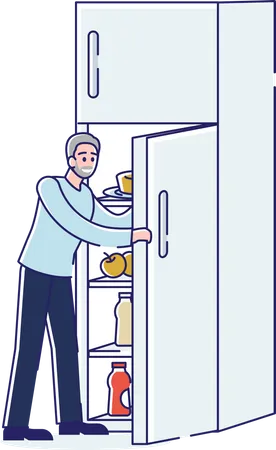 Man Opening Fridge Adult Cartoon Character At Open Freezer For Meal Over White Background Home Kitchen Appliance And Food Concept Line Art Vector Illustration Illustration