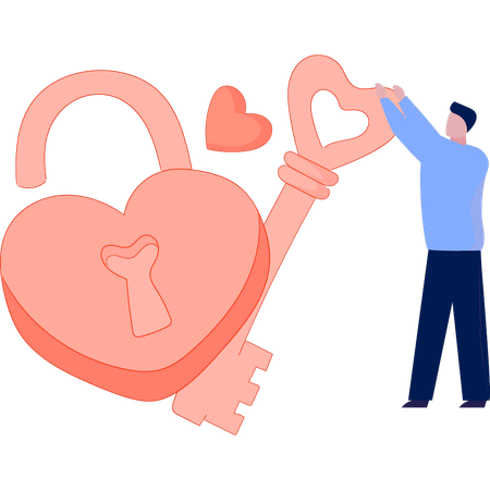 Man opening love heart lock with key  Illustration