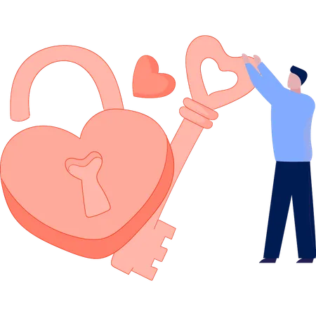 Man opening love heart lock with key  Illustration