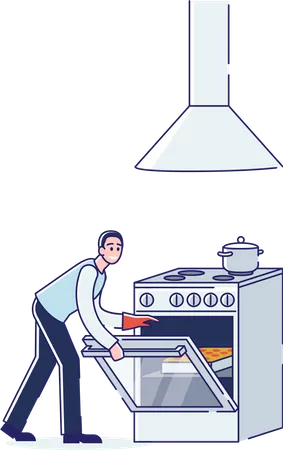 Man opening over of electric stove  Illustration