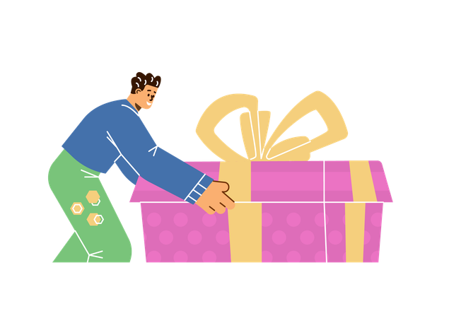 Man opens a huge gift box with bow  Illustration