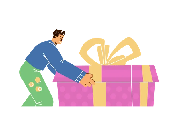 Man opens a huge gift box with bow  Illustration