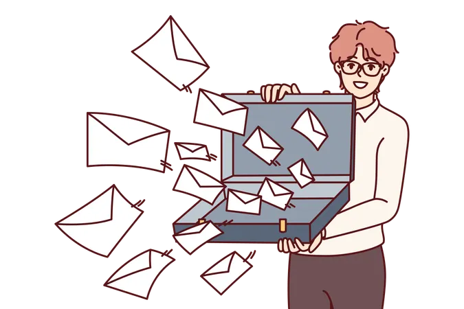 Man Opens Case With Letters Symbolizing Mailing Lists And Business Alerts With Commercial Offers Guy Stands With Suitcase Filled With Envelopes And Letters For Concept Of Annoying Spam Illustration
