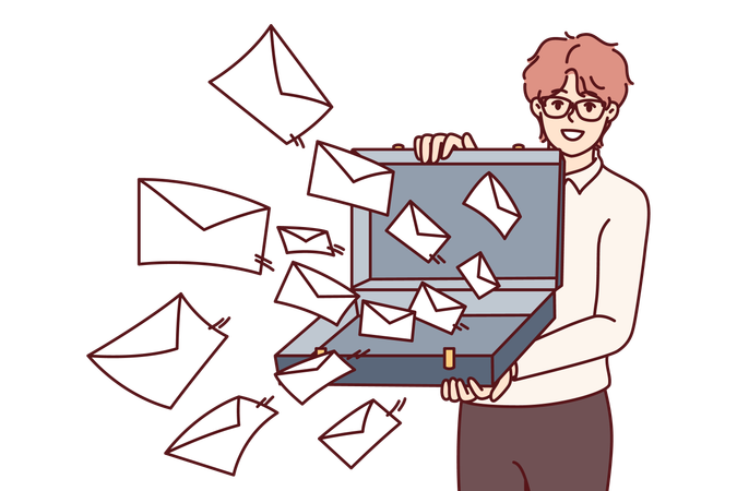 Man opens case of letters  Illustration