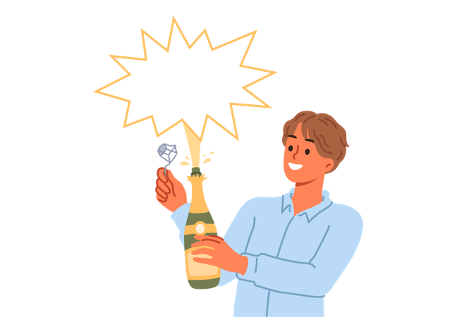 Man opens champagne and sees splash of alcoholic drink during festive christmas party  Illustration