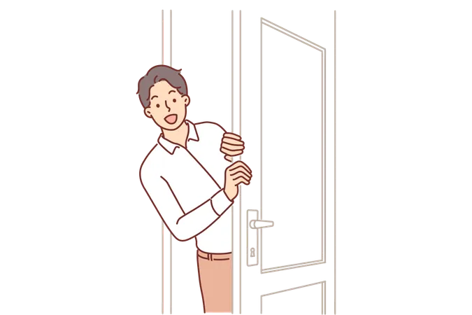 Man Opens Door And Peeks Into Boss Office Asking Permission To Enter And Discuss Work Matters Young Guy Office Clerk Escorts Guests Or Sees If There Are Clients Waiting For Reception Illustration