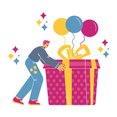 Man opens huge gift box with bow  Illustration
