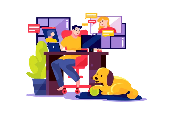 Man opens the online meeting with his team at home Illustration