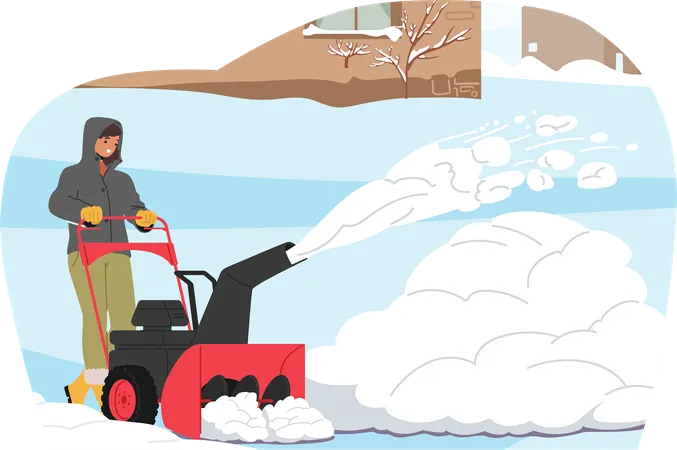 Man operates snowblower at house front yard  Illustration