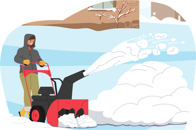 Man operates snowblower at house front yard  Illustration