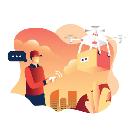 Man operating drone to deliver a parcel or package  イラスト