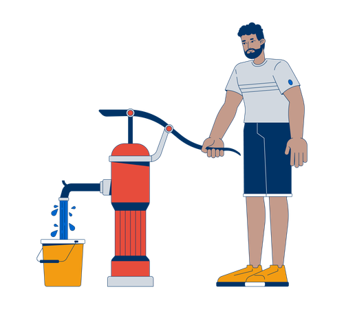 Man operating hand pump to extract water  Illustration