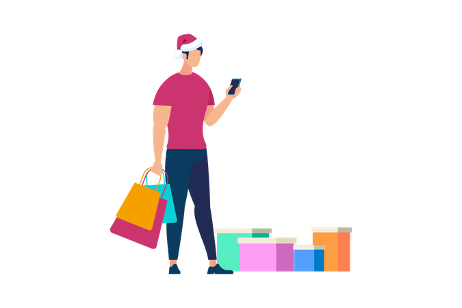 Man operating smartphone holding shopping bags  Illustration