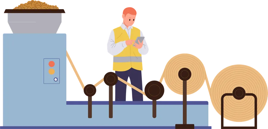 Man operator character controlling work of paper production press machine  Illustration