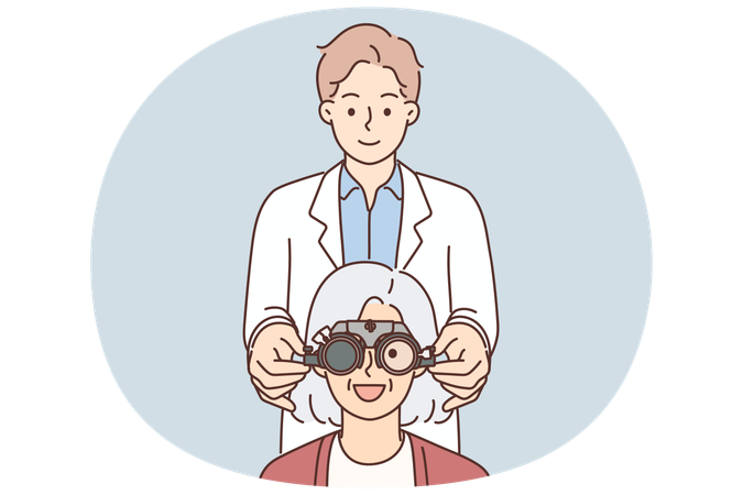 Man optometrist putting on ophthalmic glasses on elderly female patient during vision treatment  Illustration