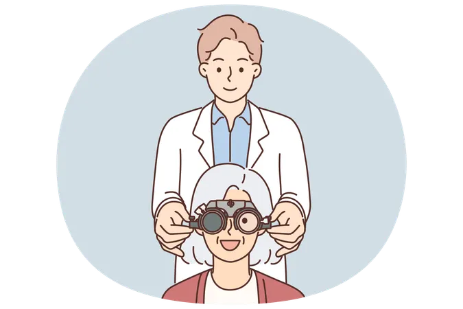 Man optometrist putting on ophthalmic glasses on elderly female patient during vision treatment  Illustration