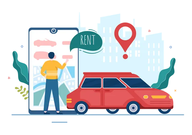 Man order car for rent via mobile app Illustration