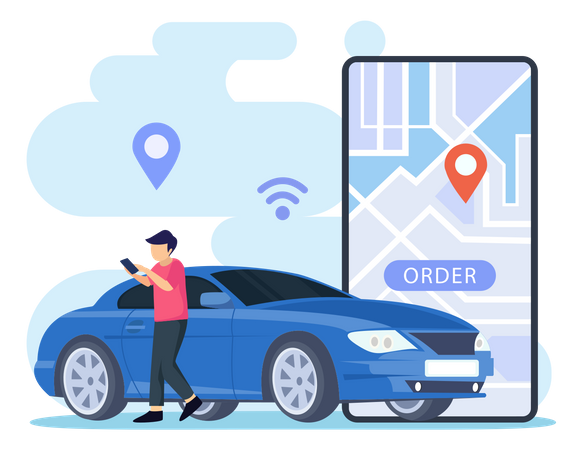 Man order city transportation service via mobile app Illustration