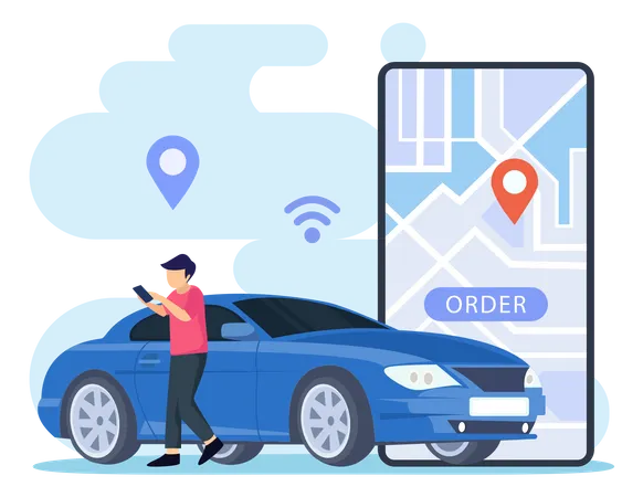 Man order city transportation service via mobile app Illustration