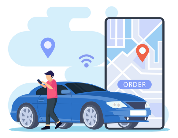 Man order city transportation service via mobile app  イラスト