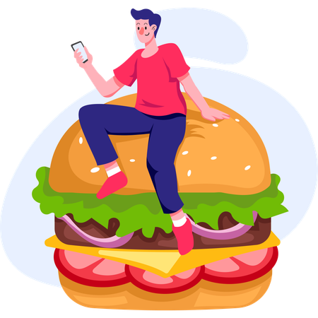 Man ordering burger from mobile app  イラスト