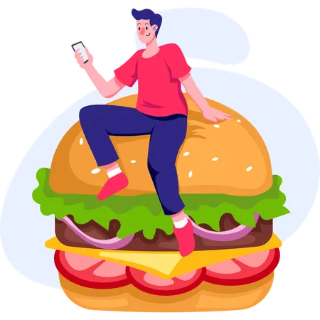 Man ordering burger from mobile app  일러스트레이션