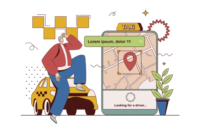 Man ordering car transfer and trekking his route on online map in mobile application  Illustration