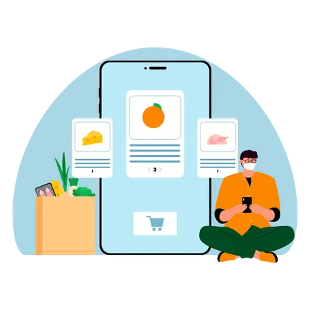 Man ordering groceries through app Illustration