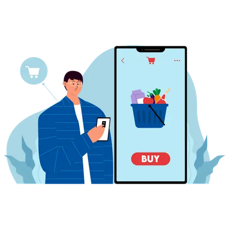 Man ordering groceries through mobile app  Illustration