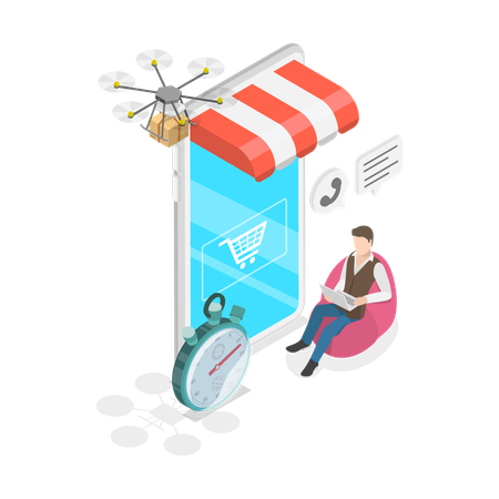 Man ordering online products from quadcopter  Illustration