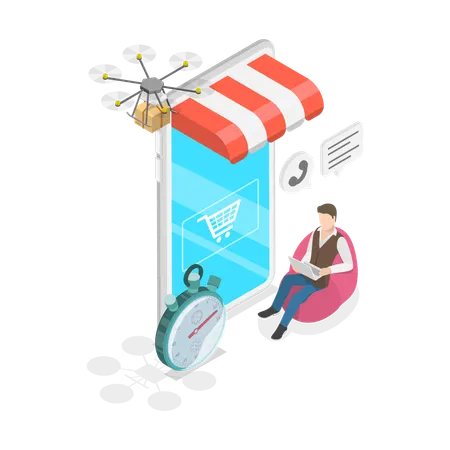 Man ordering online products from quadcopter  Illustration