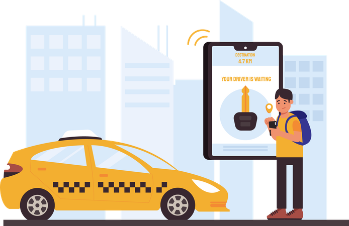 Man Ordering Taxi Online  Illustration
