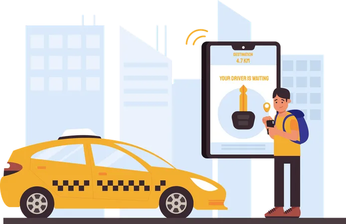 Illustration Man Is Ordering A Taxi Online Designed To Increase The Use Of Public Transport This Artwork Is Ideal For Educational Materials Presentations Or Awareness Campaigns This Illustration Adds A Visual Dimension To The Public Transport Theme Illustration
