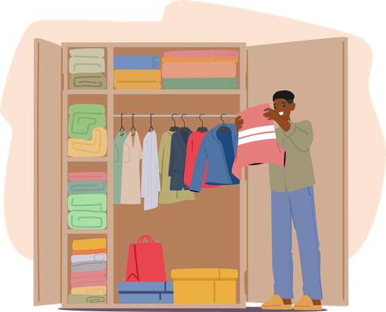 Man Organizing Clothes In Neatly Arranged Wardrobe At Home  Illustration