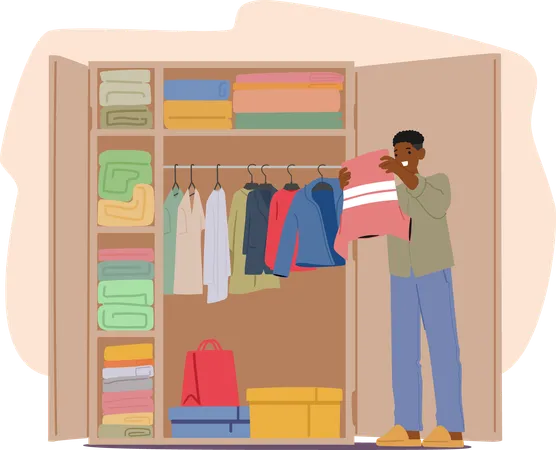 Man Organizing Clothes In Neatly Arranged Wardrobe At Home  Illustration